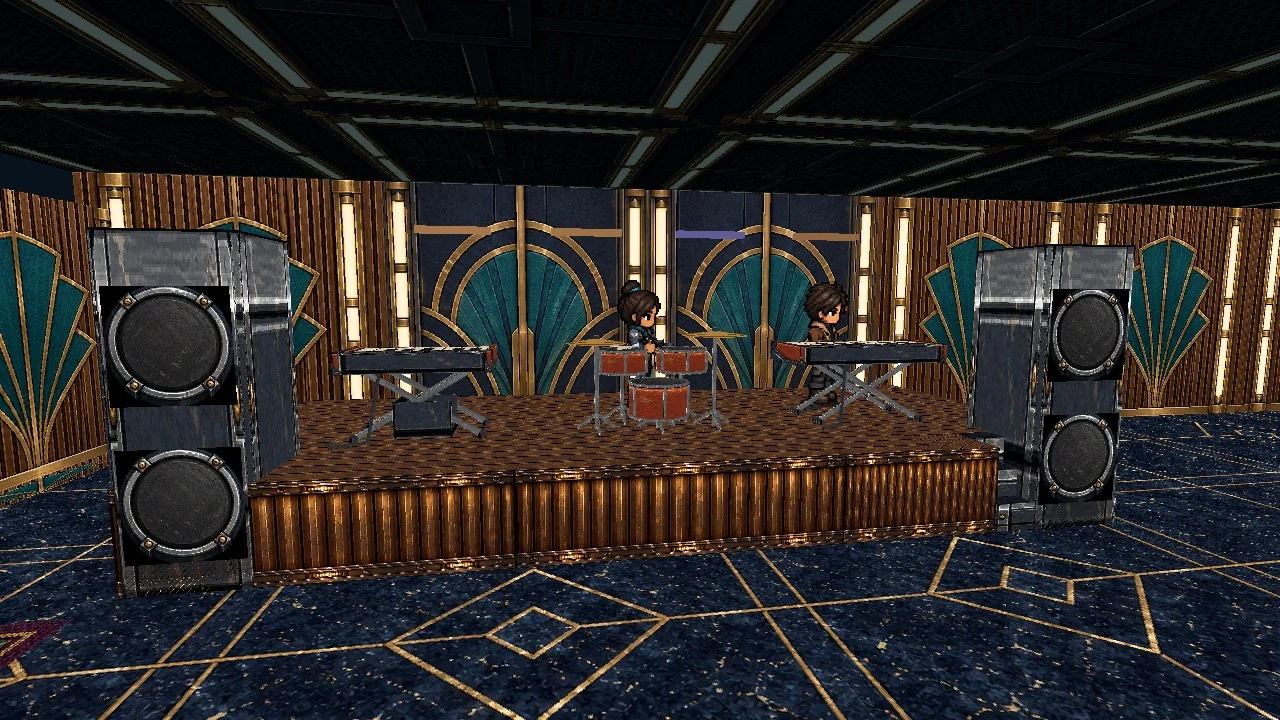 Musicians at keyboards and drums on the club stage, framed by large speakers and gold geometric walls.
