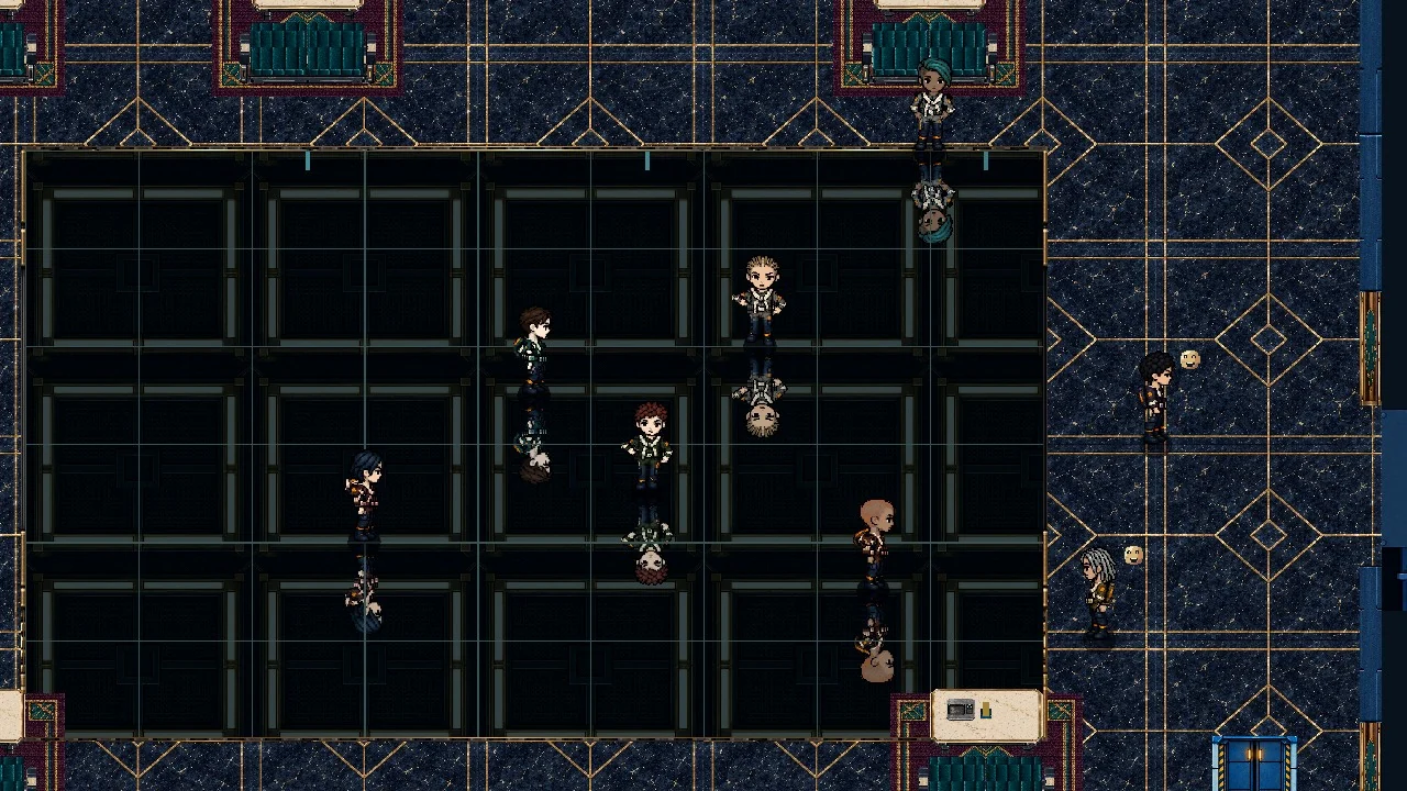 People and their reflections on the club dance floor, surrounded by navy and gold tiles.